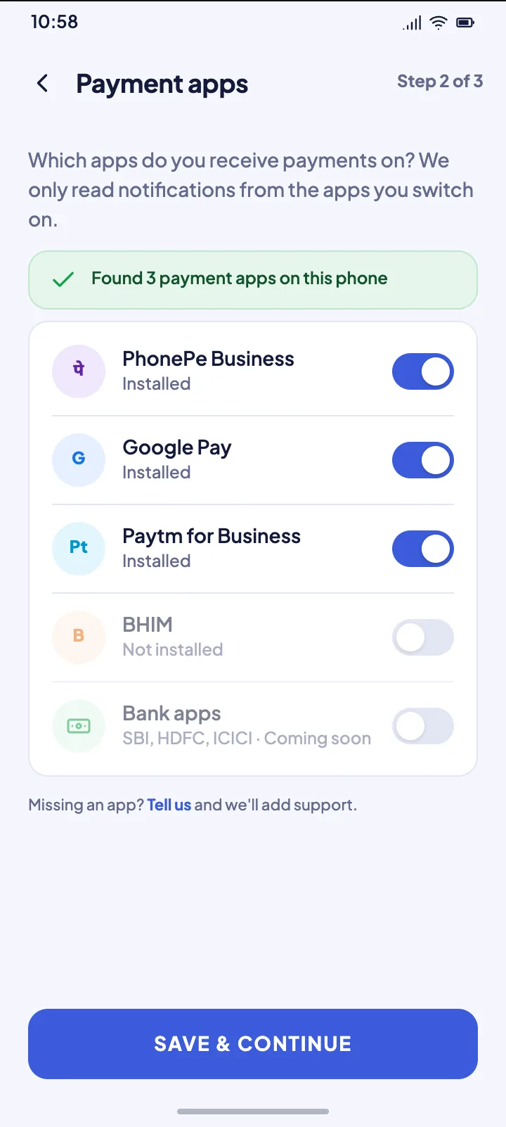 Payment apps screen: PhonePe Business, Google Pay and Paytm for Business switched on.