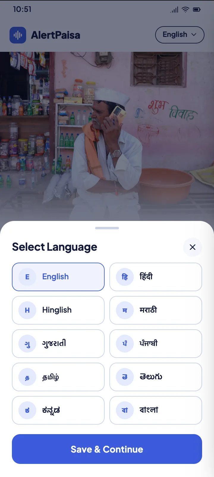 Select language screen with ten languages in two columns.