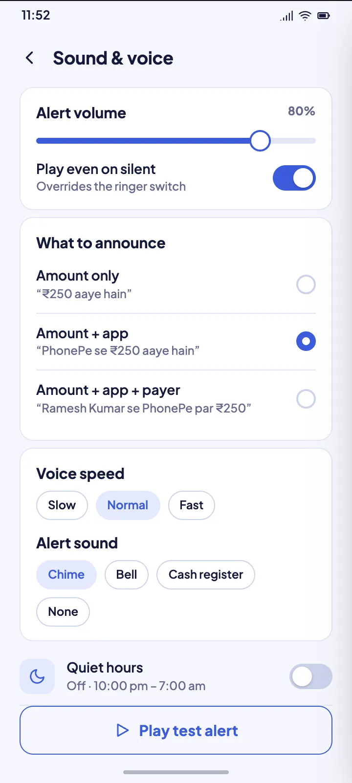 Sound and voice settings: volume, play on silent, what to announce, speed, sound and quiet hours.