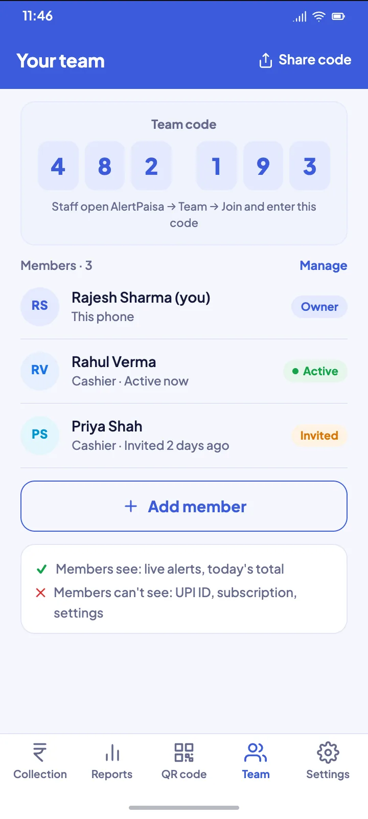 Team members screen with a team code and roles.